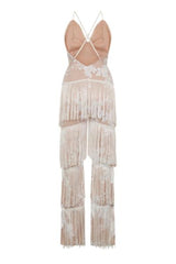 Peru White Nude Plunge Floral Sequin Fringe Jumpsuit