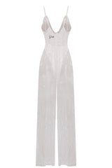 Game Changer White Sheer Floral Sequin Palazzo Split Jumpsuit