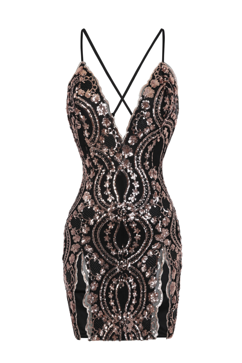 No Limit Black Rose Gold Plunge Floral Sequin Double Thigh Slit Mini Dress