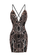 No Limit Black Rose Gold Plunge Floral Sequin Double Thigh Slit Mini Dress