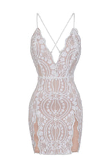 No Limit White Nude Plunge Floral Sequin Double Thigh Slit Mini Dress