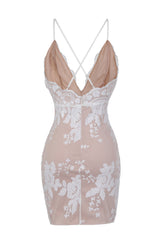 No Limit White Nude Plunge Floral Sequin Double Thigh Slit Mini Dress