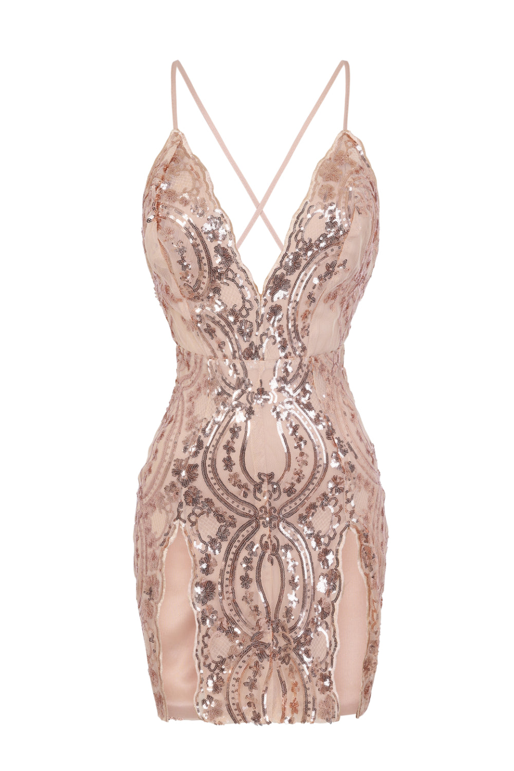 No Limit Rose Gold Nude Plunge Floral Sequin Double Thigh Slit Mini Dress