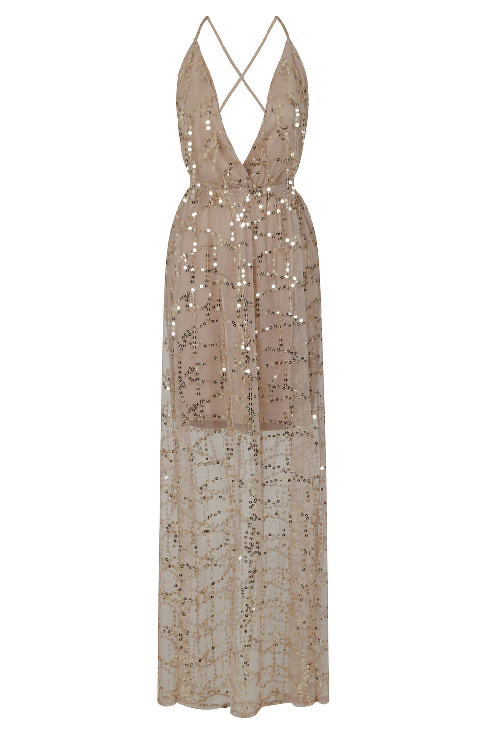 Tiffany Nude Plunge Gold Sequin Tassel Fringe Sheer Maxi Dress