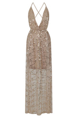 Tiffany Nude Plunge Gold Sequin Tassel Fringe Sheer Maxi Dress