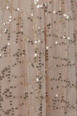 Tiffany Nude Plunge Gold Sequin Tassel Fringe Sheer Maxi Dress