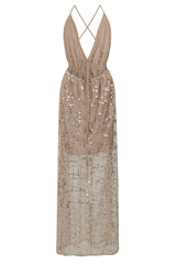 Tiffany Nude Plunge Gold Sequin Tassel Fringe Sheer Maxi Dress