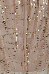 Tiffany Nude Plunge Gold Sequin Tassel Fringe Sheer Maxi Dress