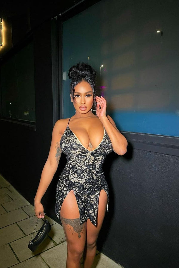 Invite Only Black Nude Plunge Lace Floral Sequin Double Thigh Slit Mini Dress