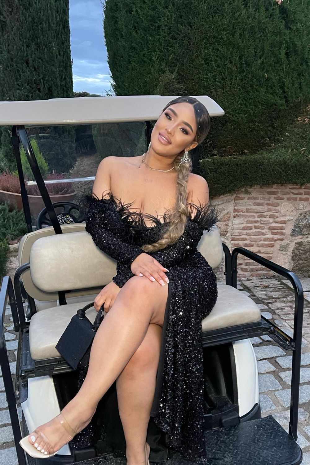 Eternity Black VIP Luxe Feather Off The Shoulder Sequin Long Sleeve Split Maxi Dress