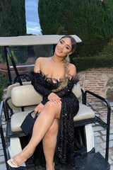 Eternity Black VIP Luxe Feather Off The Shoulder Sequin Long Sleeve Split Maxi Dress