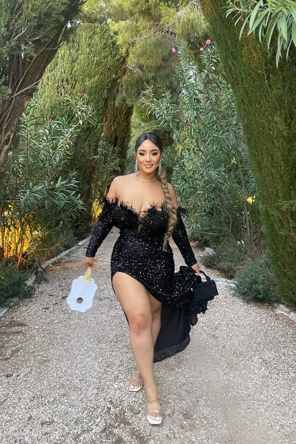 Eternity Black VIP Luxe Feather Off The Shoulder Sequin Long Sleeve Split Maxi Dress