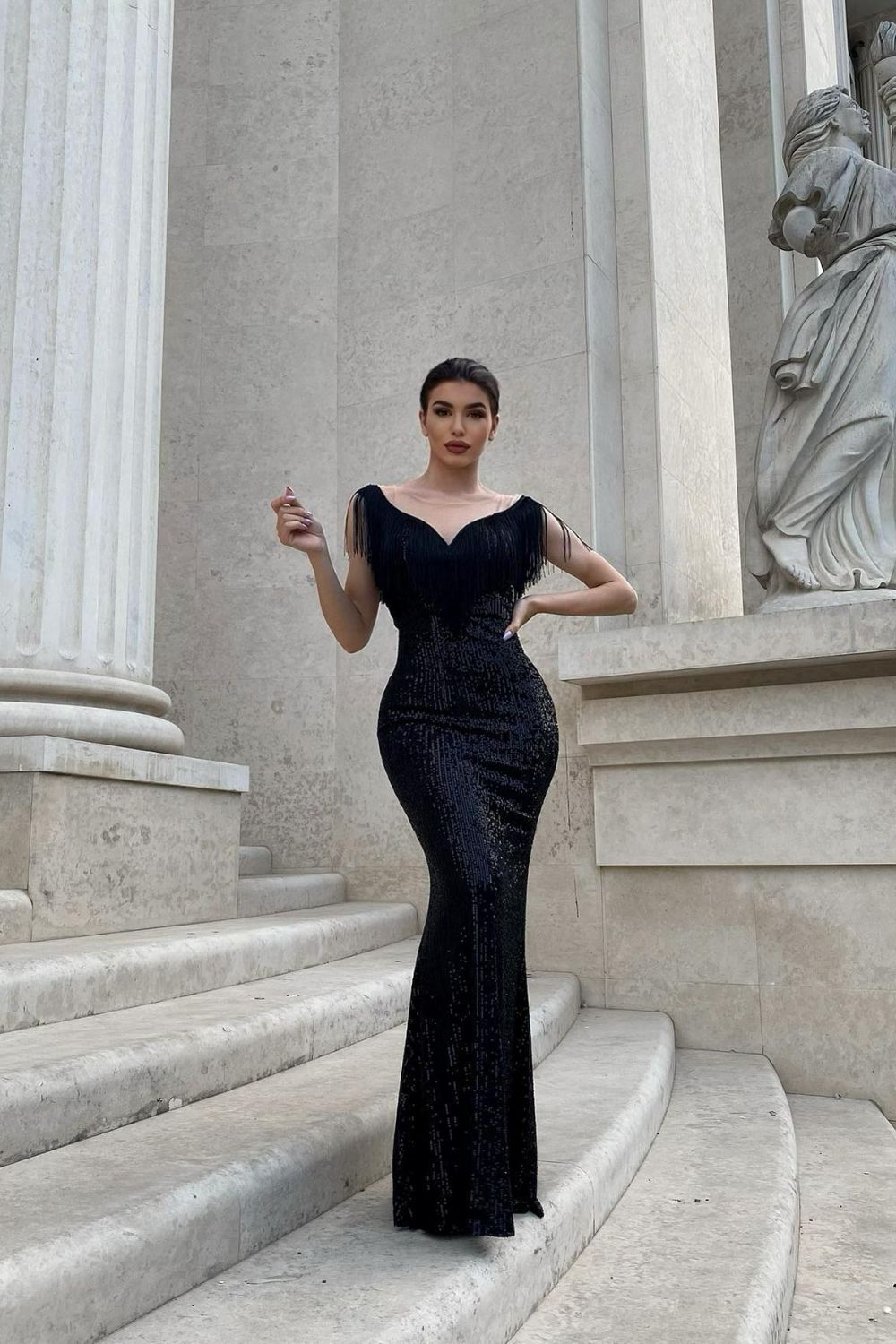 Kendal Black Luxe Vip Plunge Tassel Fringe Sequin Embellished Illusion Maxi Dress