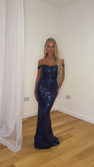 Layali Navy Bardot Sweetheart Sequin Embellished Maxi Fishtail Dress