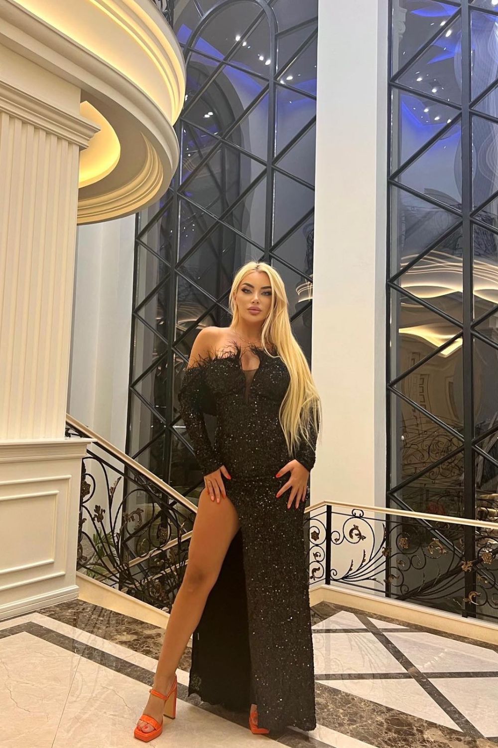 Eternity Black VIP Luxe Feather Off The Shoulder Sequin Long Sleeve Split Maxi Dress