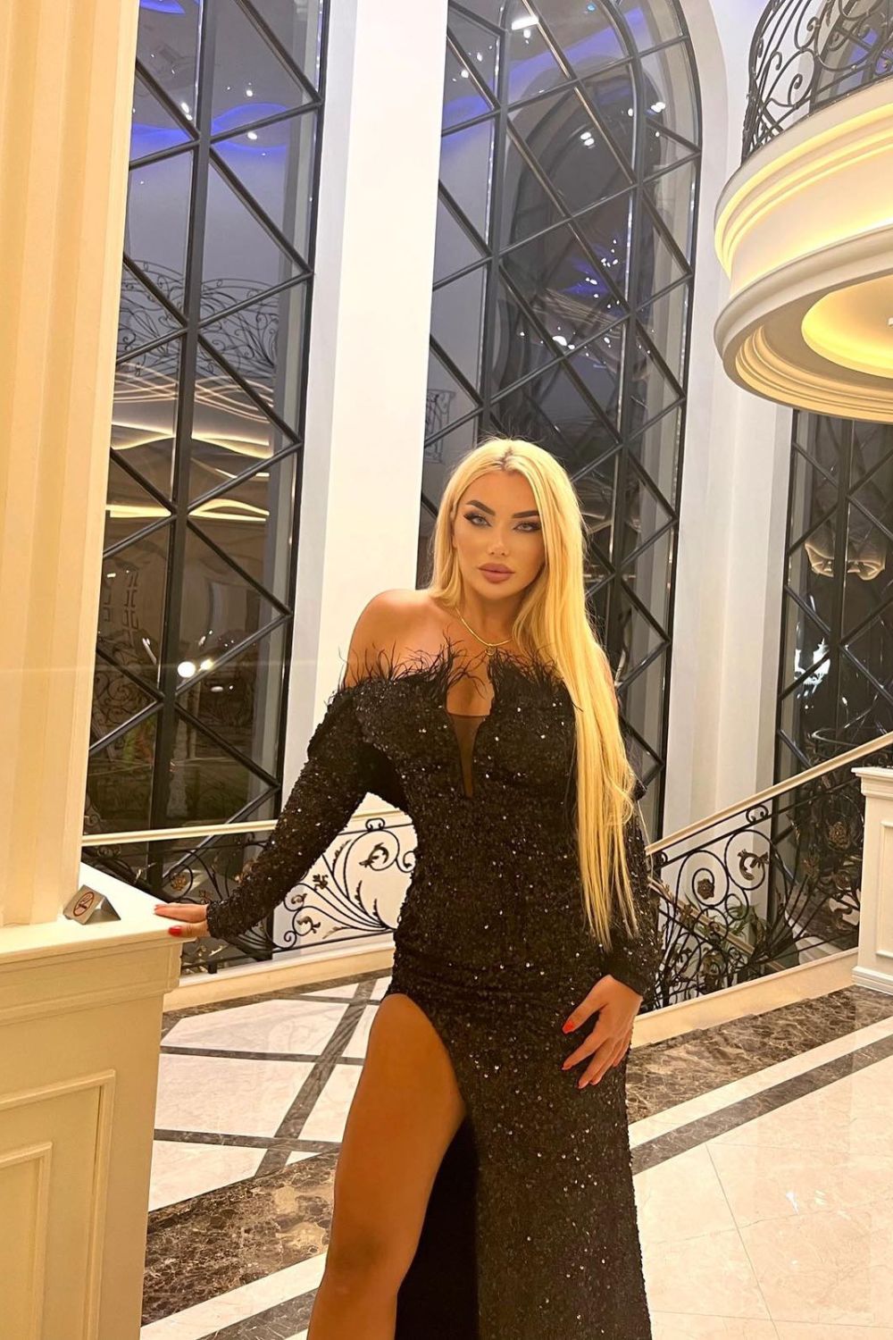 Eternity Black VIP Luxe Feather Off The Shoulder Sequin Long Sleeve Split Maxi Dress