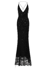 Siren Black Plunge Gold Sequin Tassel Fringe Thigh Slit Fishtail Dress