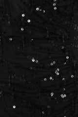 Siren Black Plunge Gold Sequin Tassel Fringe Thigh Slit Fishtail Dress