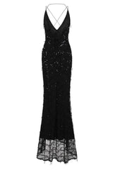 Siren Black Plunge Gold Sequin Tassel Fringe Thigh Slit Fishtail Dress