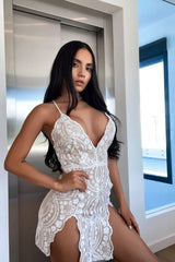 No Limit White Nude Plunge Floral Sequin Double Thigh Slit Mini Dress