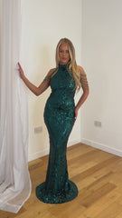 Starstruck Green High Neck Luxe Beaded Shoulder Fringe Sequin Embellished Illusion Maxi Dress