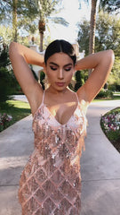 Serenity Rose Gold Ombre Sequin Tassel Fringe Backless Mermaid Dress