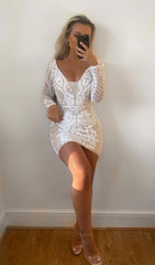 Secrets White Long Sleeve V Back Floral Mesh Plunge Sequin Dress