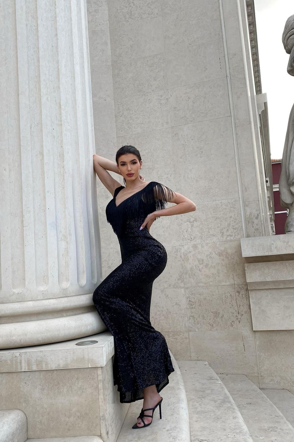 Kendal Black Luxe Vip Plunge Tassel Fringe Sequin Embellished Illusion Maxi Dress