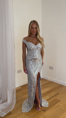 Angelika Silver Luxe Sequin Embellished Off The Shoulder Maxi Slit Dress