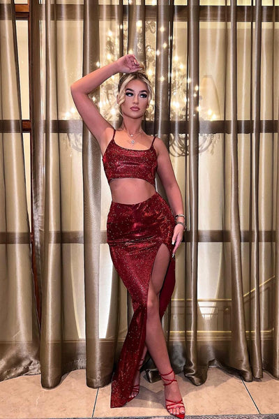 Cuba Red Metallic Glitter Crop Top Thigh Slit Skirt Two Piece Co