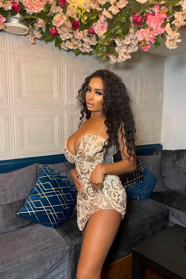 Cupid Rose Gold Luxe Floral Sequin Lace Plunge Bodycon Mini Asymmetric Curve Slit Dress