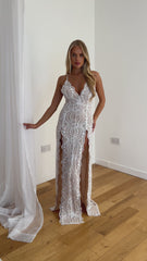 Pure Desire White Plunge Floral Sequin Double Thigh Slit Maxi Dress