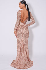 Annabella Rose Gold V Back Floral Plunge Sequin Fishtail Dress