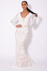 Annabella White Nude V Back Floral Plunge Sequin Fishtail Dress