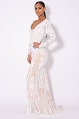 Annabella White Nude V Back Floral Plunge Sequin Fishtail Dress