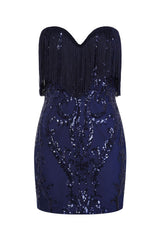 Promises Navy Luxe Sweetheart Tassel Fringe Sequin Bodycon Dress