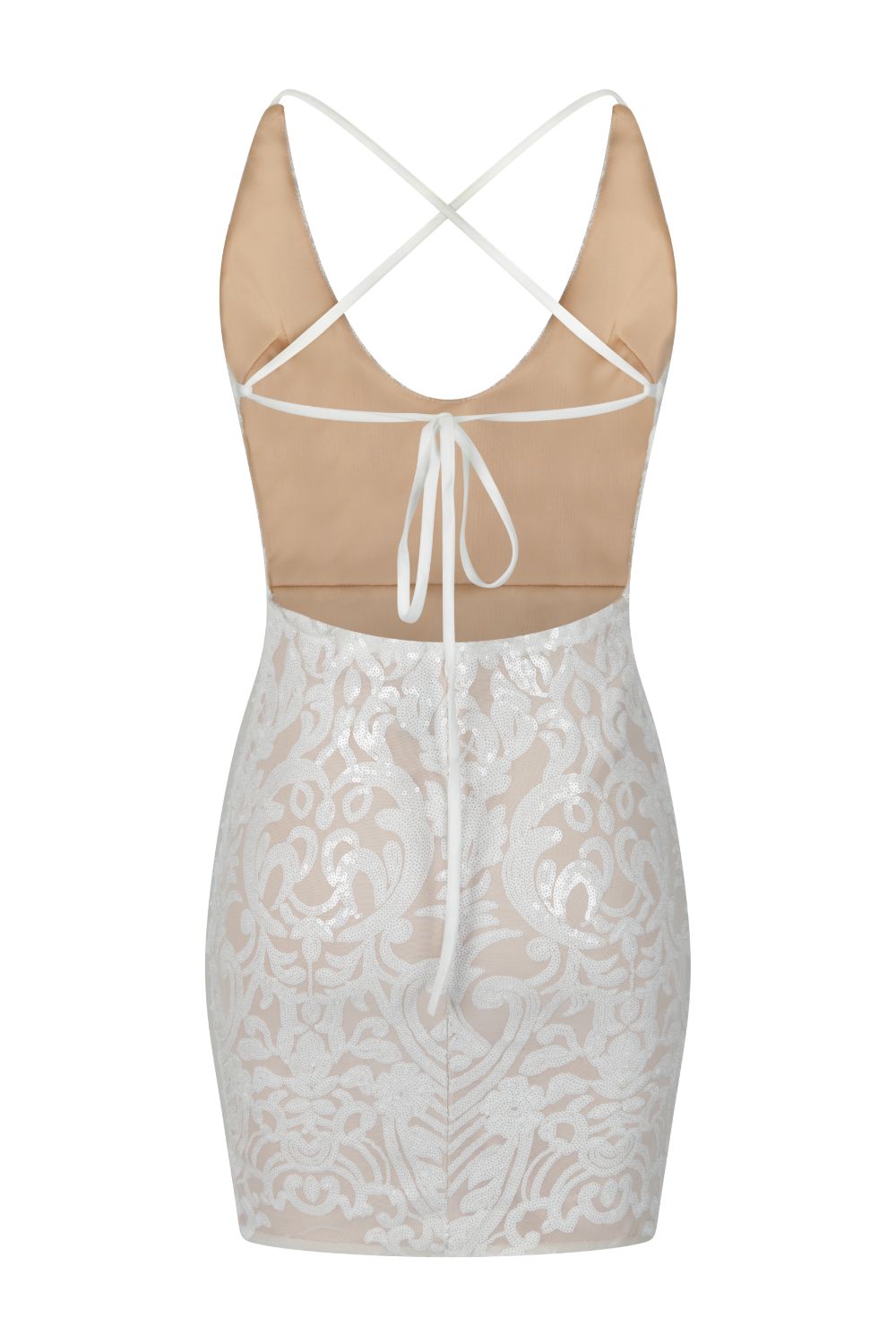 Icey Vip White Nude Plunge Floral Sequin Illusion Mini Dress