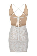 Icey Vip White Nude Plunge Floral Sequin Illusion Mini Dress