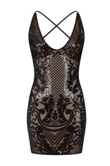 Icey Vip Black Nude Plunge Floral Sequin Illusion Mini Dress