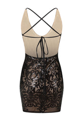 Icey Vip Black Nude Plunge Floral Sequin Illusion Mini Dress