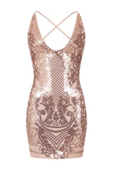 Icey Vip Rose Gold Nude Plunge Floral Sequin Illusion Mini Dress