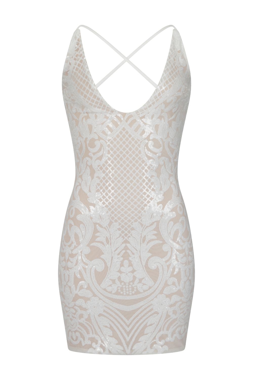 Icey Vip White Nude Plunge Floral Sequin Illusion Mini Dress