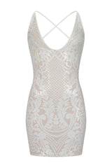 Icey Vip White Nude Plunge Floral Sequin Illusion Mini Dress
