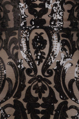 Soho Luxe Black Nude Plunge Floral Sequin Brocade Illusion Dress