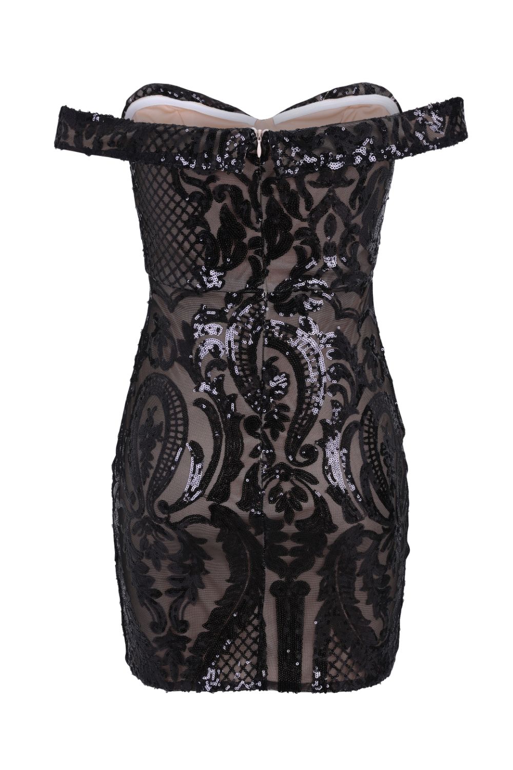 Alexiya Black Nude Bardot Sweetheart Sequin Embellished Illusion Dress