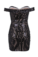 Alexiya Black Nude Bardot Sweetheart Sequin Embellished Illusion Dress