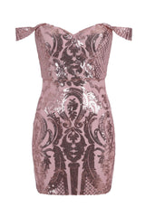 Alexiya Rose Gold Bardot Sweetheart Sequin Embellished Illusion Dress