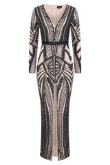 Elite Vip Black Nude Sequin Illusion Middle Slit Maxi Dress