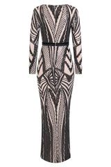 Elite Vip Black Nude Sequin Illusion Middle Slit Maxi Dress