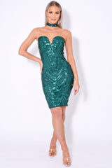 Aphrodite Green Luxe Sweetheart Plunge Sequin Embellished Midi Dress